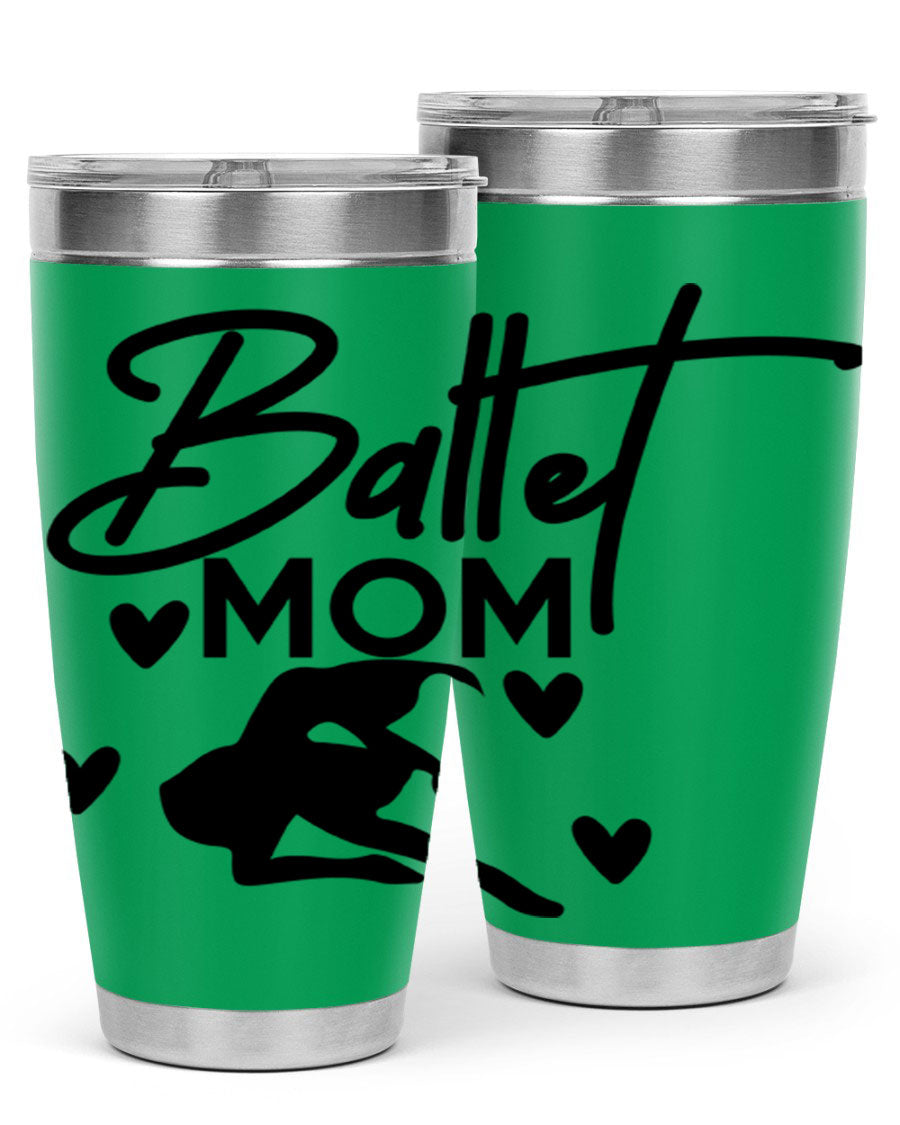 Ballet Mom 10# Tumbler in stainless steel with a stylish ballet-themed design, showcasing its double wall vacuum insulation and drink-thru lid.