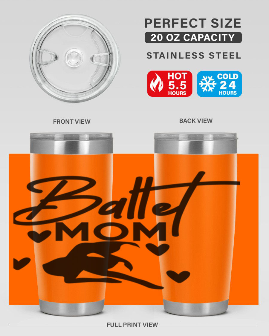 Ballet Mom 10# Tumbler in stainless steel with a stylish ballet-themed design, showcasing its double wall vacuum insulation and drink-thru lid.