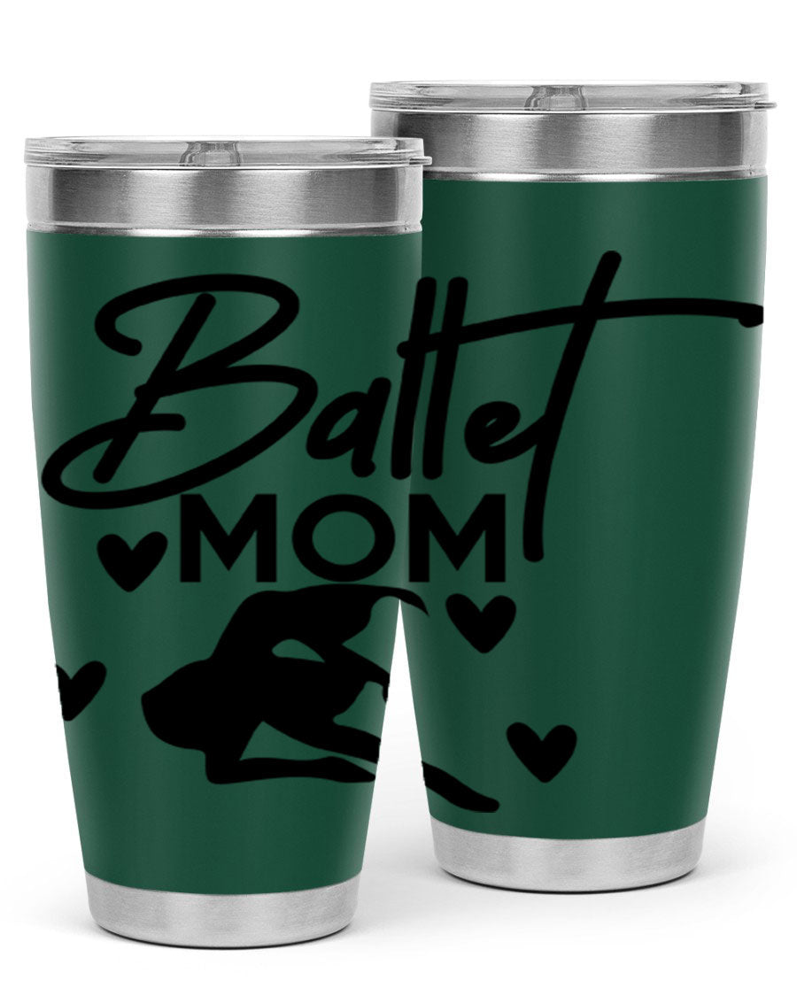 Ballet Mom 10# Tumbler in stainless steel with a stylish ballet-themed design, showcasing its double wall vacuum insulation and drink-thru lid.