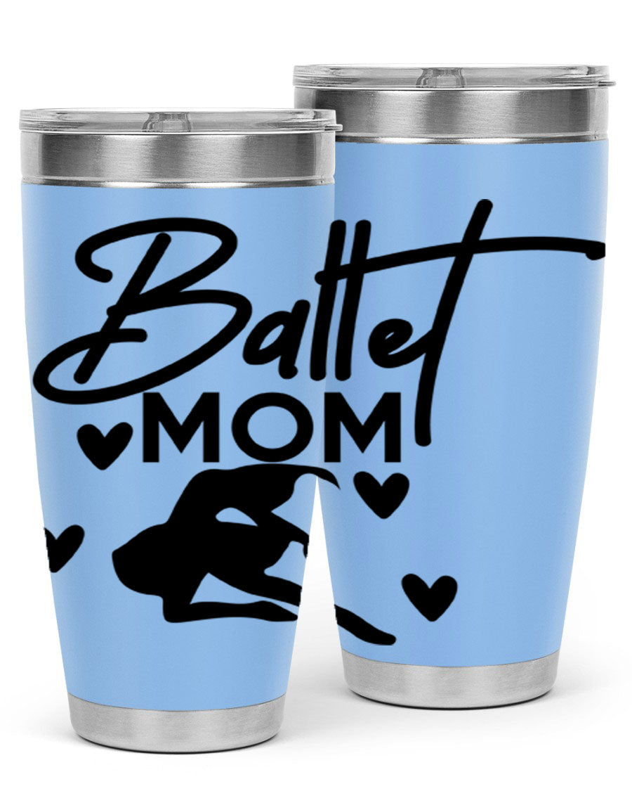 Ballet Mom 10# Tumbler in stainless steel with a stylish ballet-themed design, showcasing its double wall vacuum insulation and drink-thru lid.