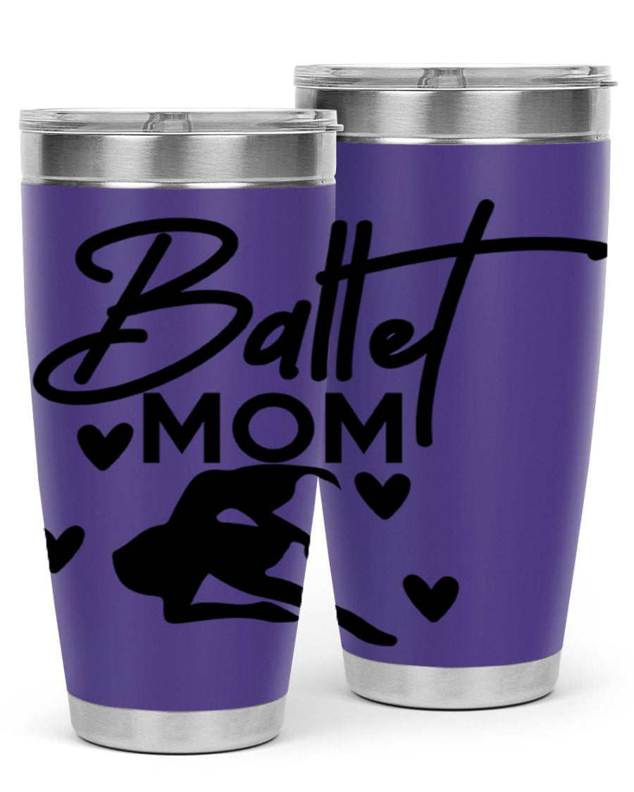 Ballet Mom 10# Tumbler in stainless steel with a stylish ballet-themed design, showcasing its double wall vacuum insulation and drink-thru lid.