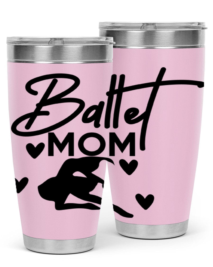 Ballet Mom 10# Tumbler in stainless steel with a stylish ballet-themed design, showcasing its double wall vacuum insulation and drink-thru lid.
