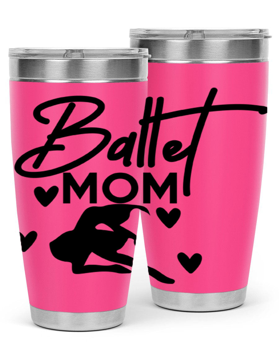 Ballet Mom 10# Tumbler in stainless steel with a stylish ballet-themed design, showcasing its double wall vacuum insulation and drink-thru lid.