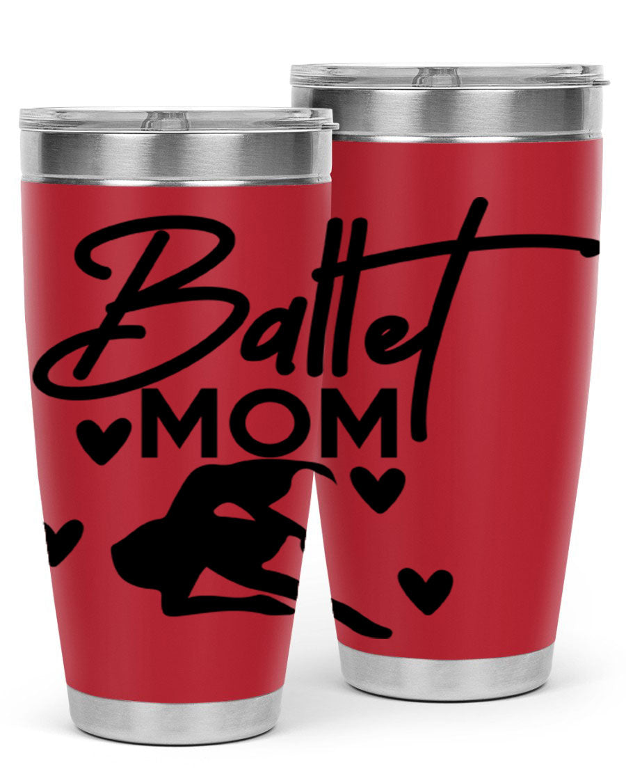 Ballet Mom 10# Tumbler in stainless steel with a stylish ballet-themed design, showcasing its double wall vacuum insulation and drink-thru lid.