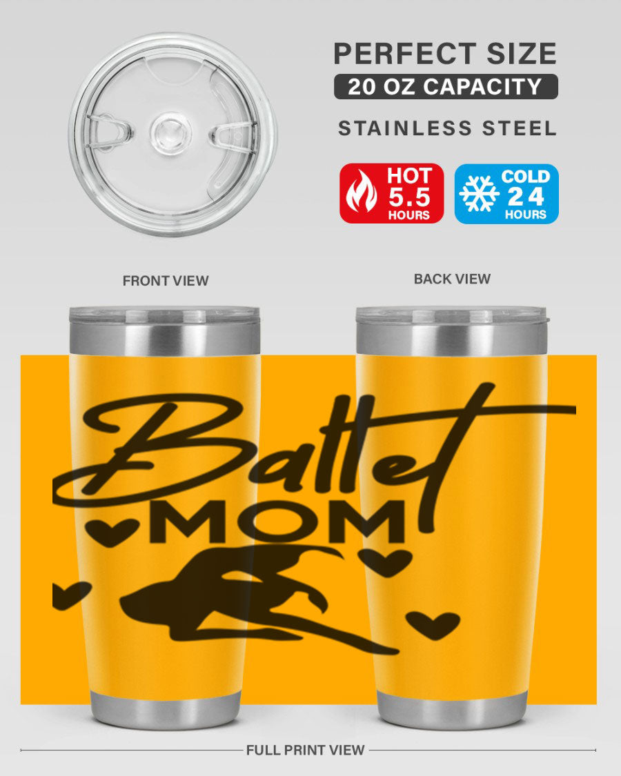 Ballet Mom 10# Tumbler in stainless steel with a stylish ballet-themed design, showcasing its double wall vacuum insulation and drink-thru lid.