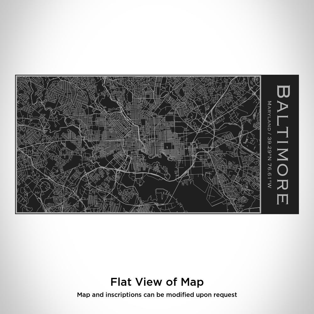 Matte black insulated stainless steel bottle featuring a custom engraved map of Baltimore, Maryland with coordinates.