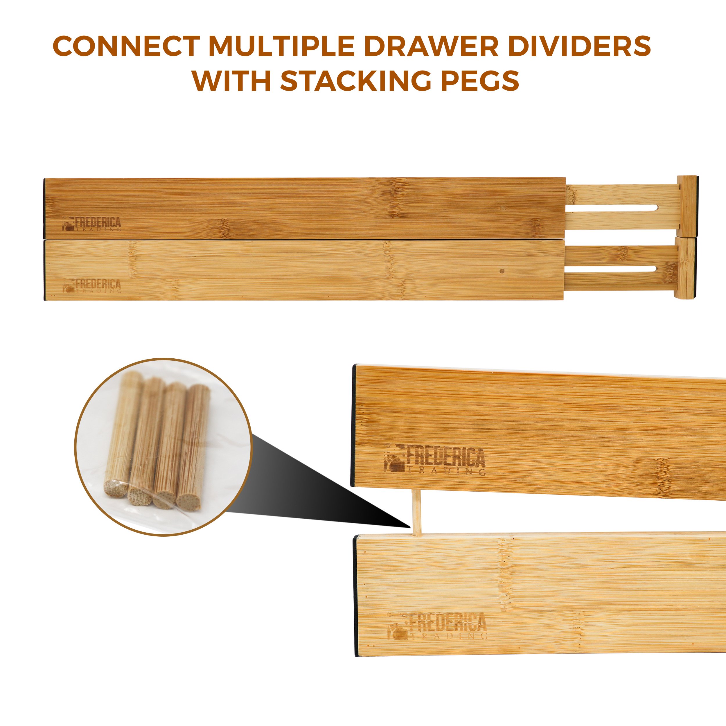 Bamboo adjustable spring-loaded drawer dividers stacked in a kitchen drawer, showcasing their elegant design and functionality.