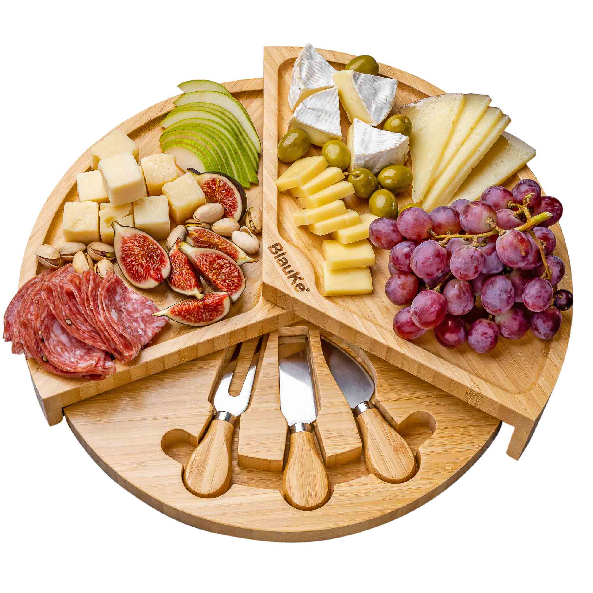 A stylish 14-inch bamboo cheese board with a knife set, featuring a smooth surface and hidden drawer for cheese tools, perfect for charcuterie presentations.