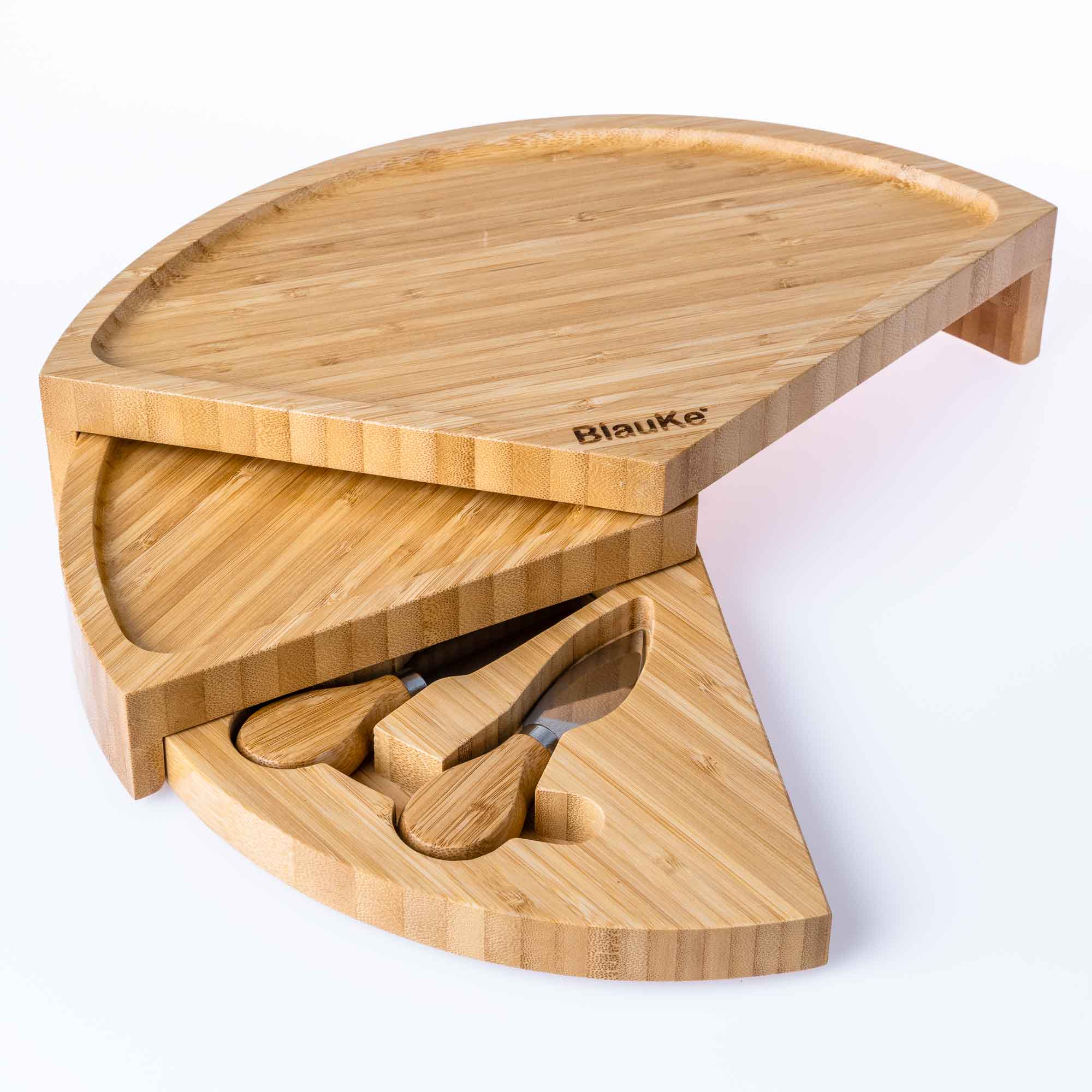 A stylish 14-inch bamboo cheese board with a knife set, featuring a smooth surface and hidden drawer for cheese tools, perfect for charcuterie presentations.