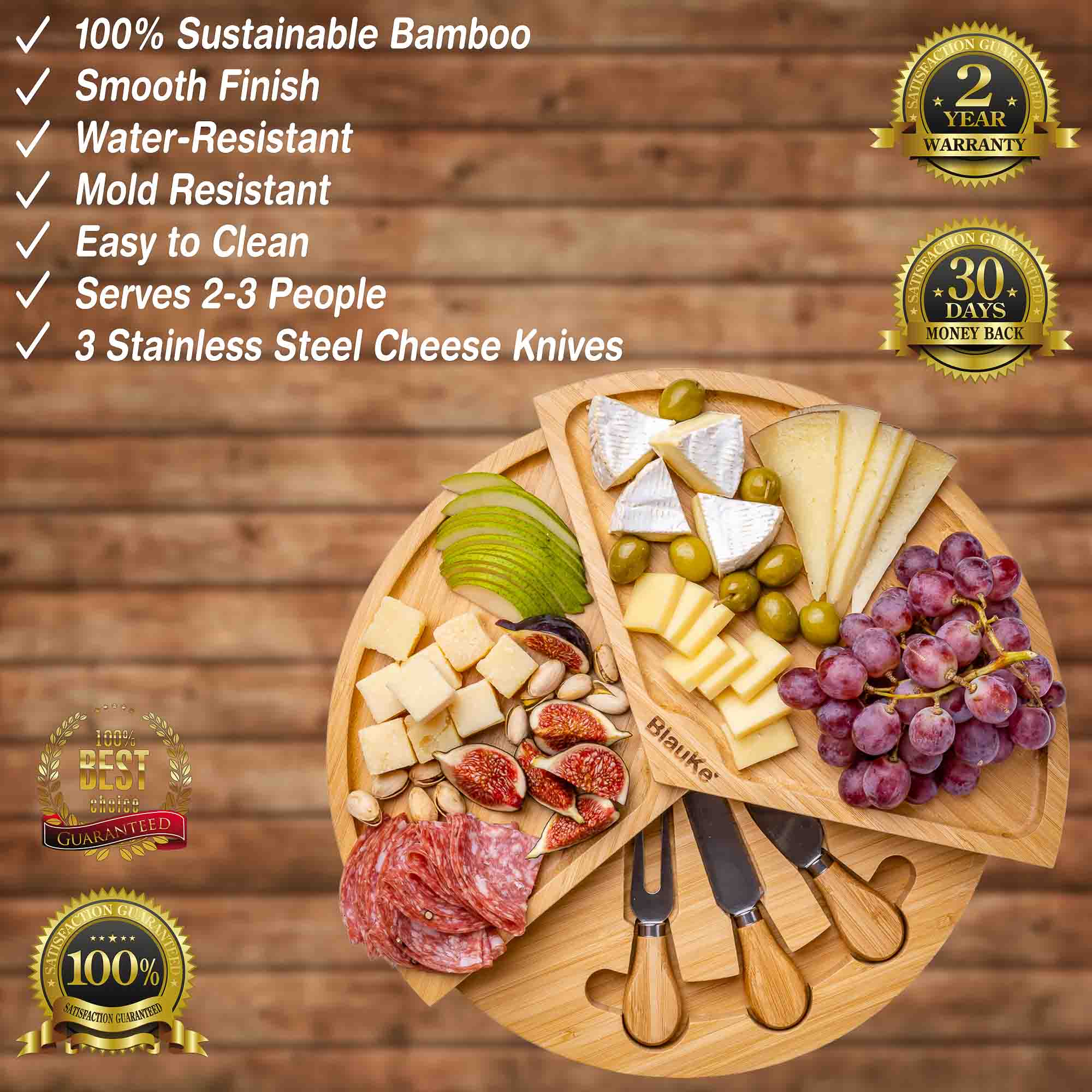 A stylish 14-inch bamboo cheese board with a knife set, featuring a smooth surface and hidden drawer for cheese tools, perfect for charcuterie presentations.
