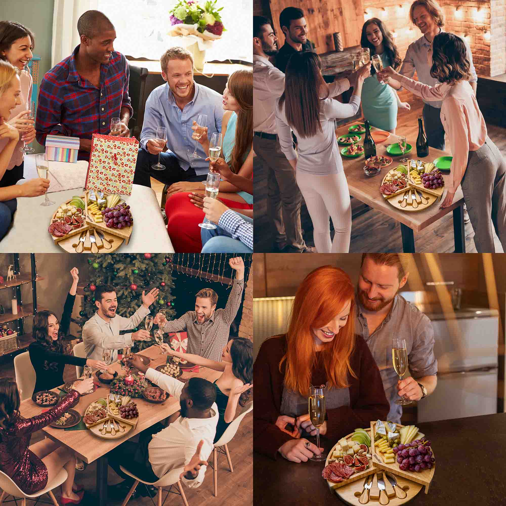 A stylish 14-inch bamboo cheese board with a knife set, featuring a smooth surface and hidden drawer for cheese tools, perfect for charcuterie presentations.