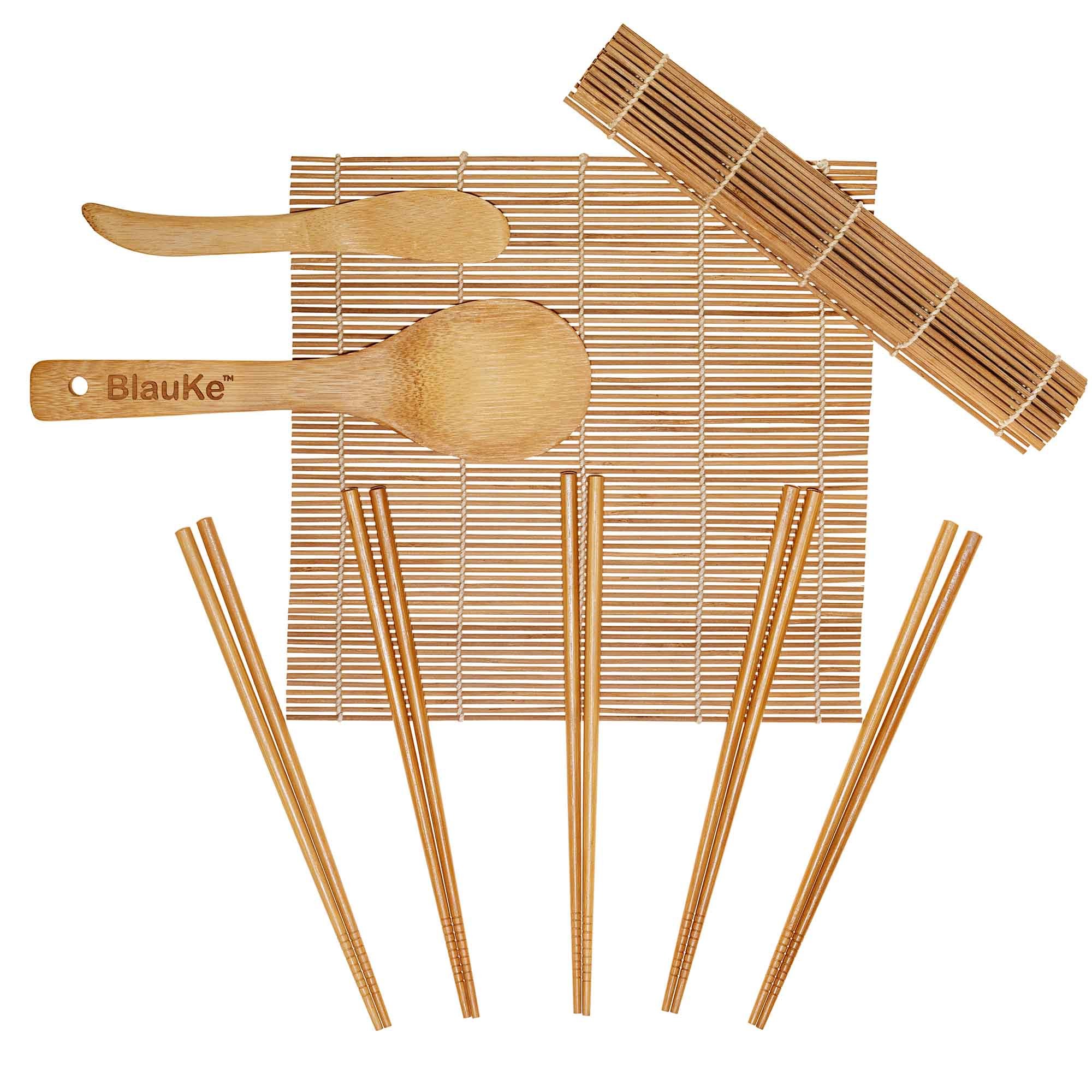 Bamboo Sushi Making Kit featuring two rolling mats, a rice paddle, a rice spreader, and five pairs of reusable chopsticks, all made from sustainable bamboo.