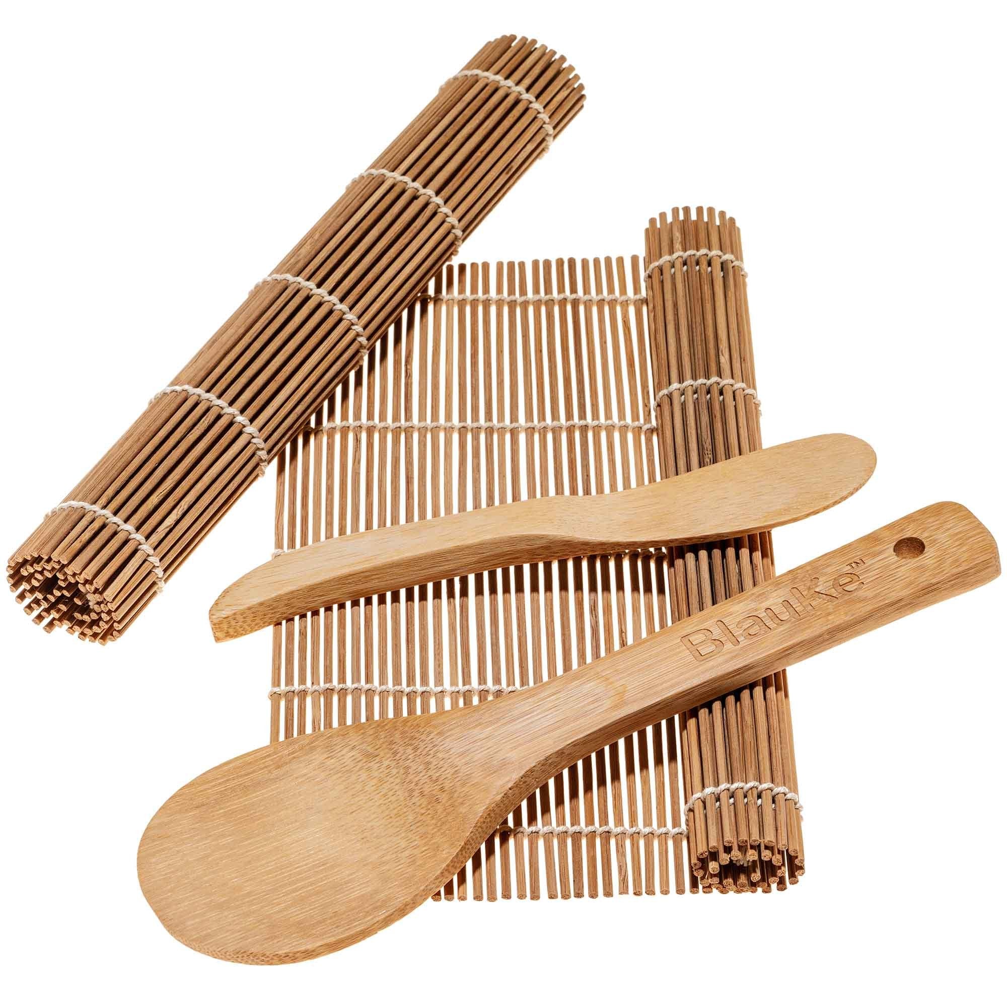 Bamboo Sushi Making Kit featuring two rolling mats, a rice paddle, a rice spreader, and five pairs of reusable chopsticks, all made from sustainable bamboo.