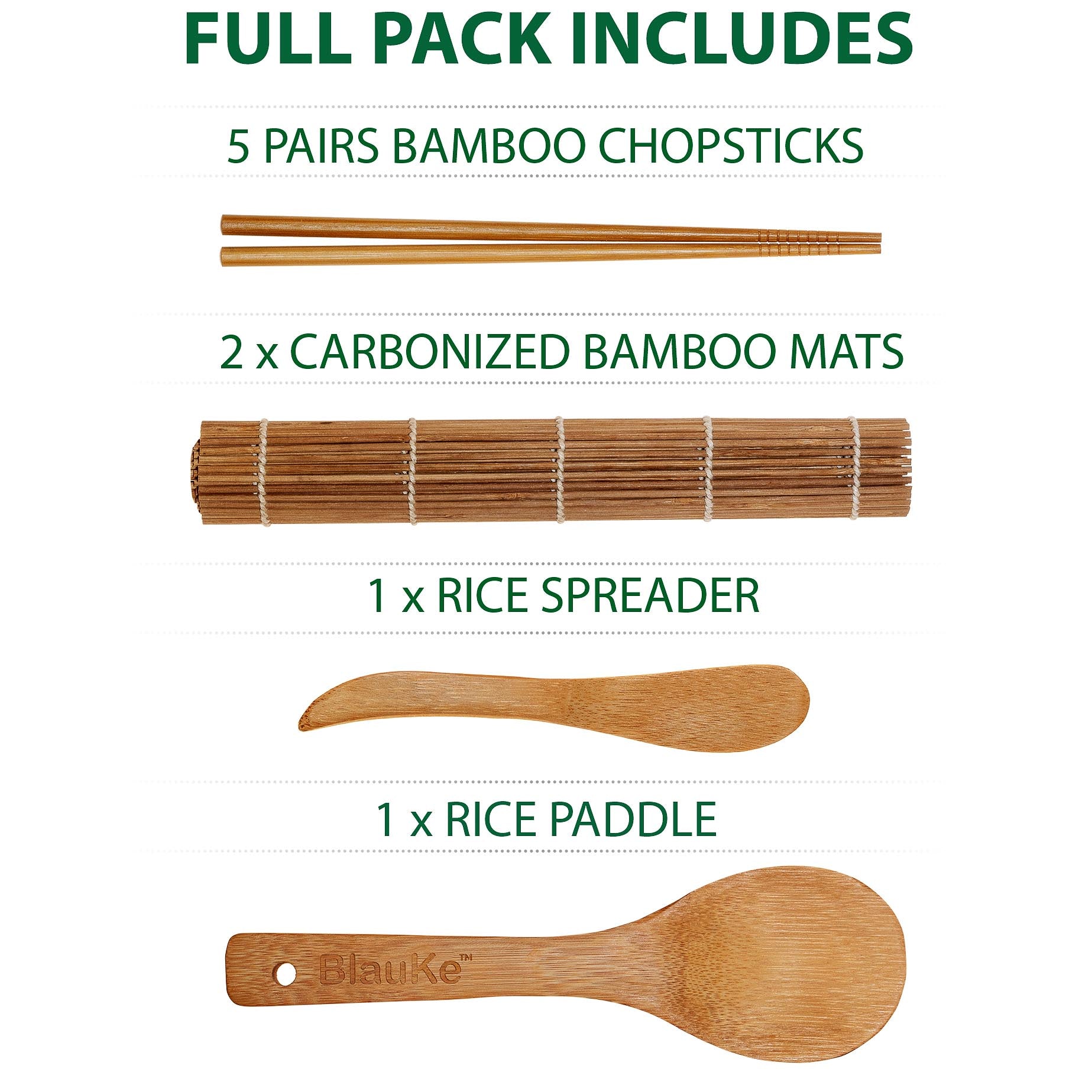 Bamboo Sushi Making Kit featuring two rolling mats, a rice paddle, a rice spreader, and five pairs of reusable chopsticks, all made from sustainable bamboo.