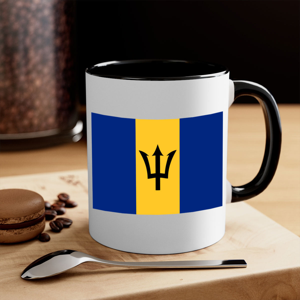 Barbados 183# Mug featuring a glossy finish with a colorful handle and interior, available in two sizes.
