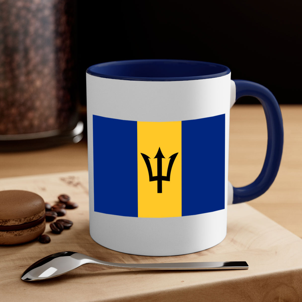 Barbados 183# Mug featuring a glossy finish with a colorful handle and interior, available in two sizes.