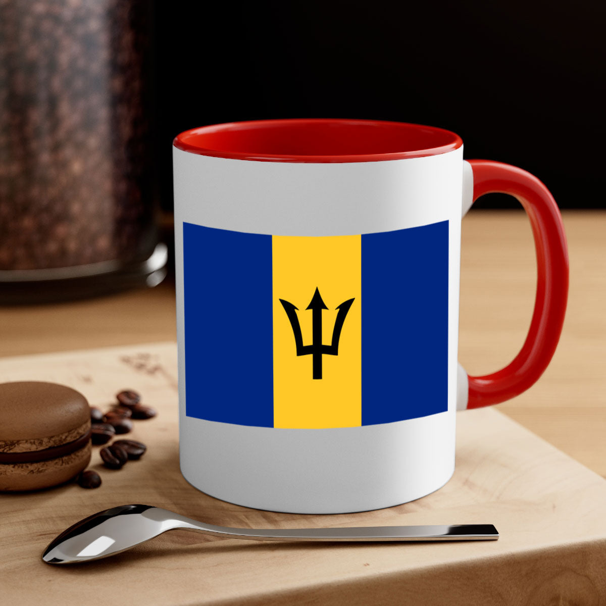 Barbados 183# Mug featuring a glossy finish with a colorful handle and interior, available in two sizes.