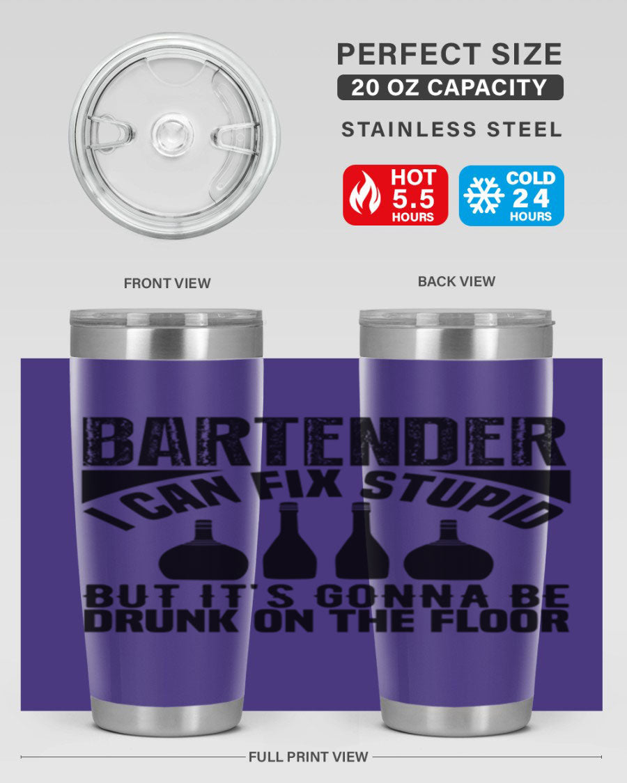 Bartender I Can Fix Style 9# tumbler, a 20oz double wall vacuum stainless steel drink container with a copper lining and a drink-thru lid.