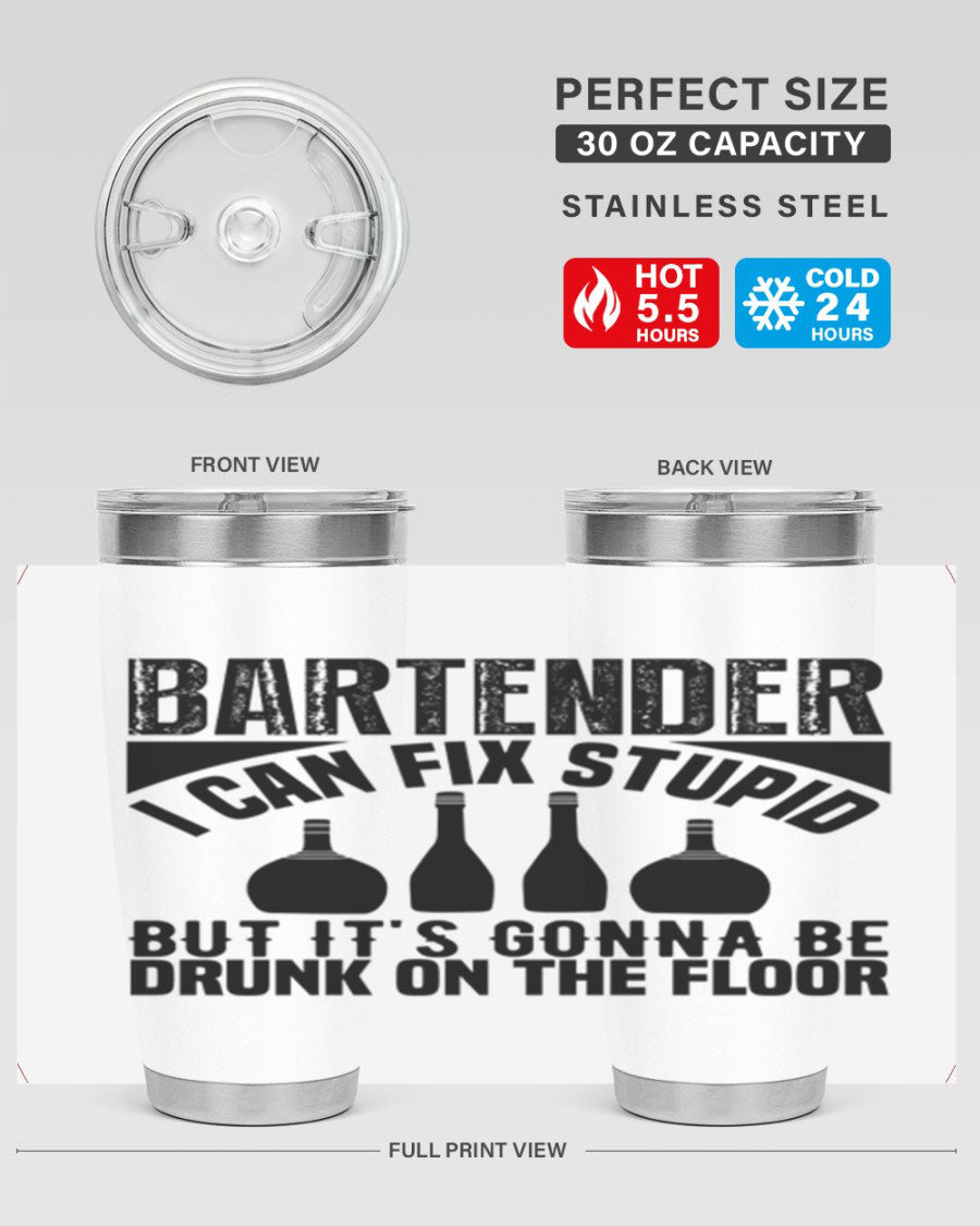 Bartender I Can Fix Style 9# tumbler, a 20oz double wall vacuum stainless steel drink container with a copper lining and a drink-thru lid.