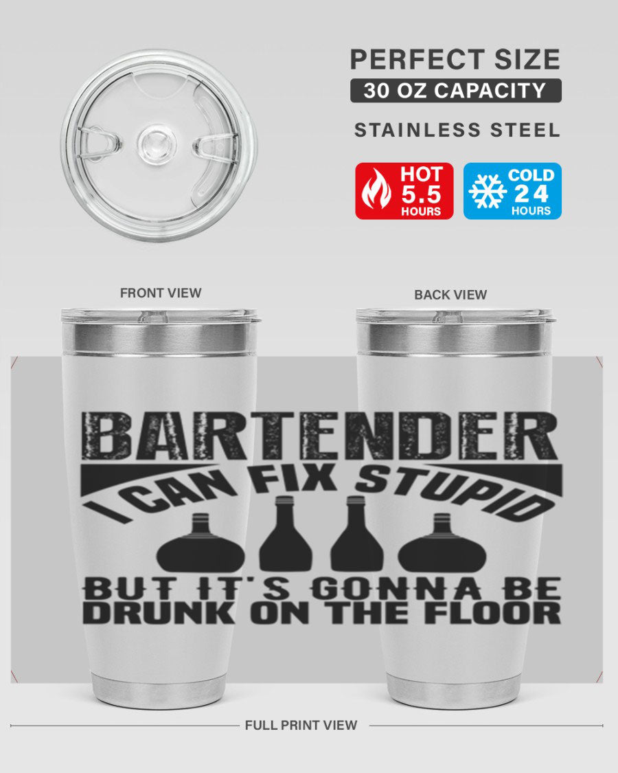 Bartender I Can Fix Style 9# tumbler, a 20oz double wall vacuum stainless steel drink container with a copper lining and a drink-thru lid.