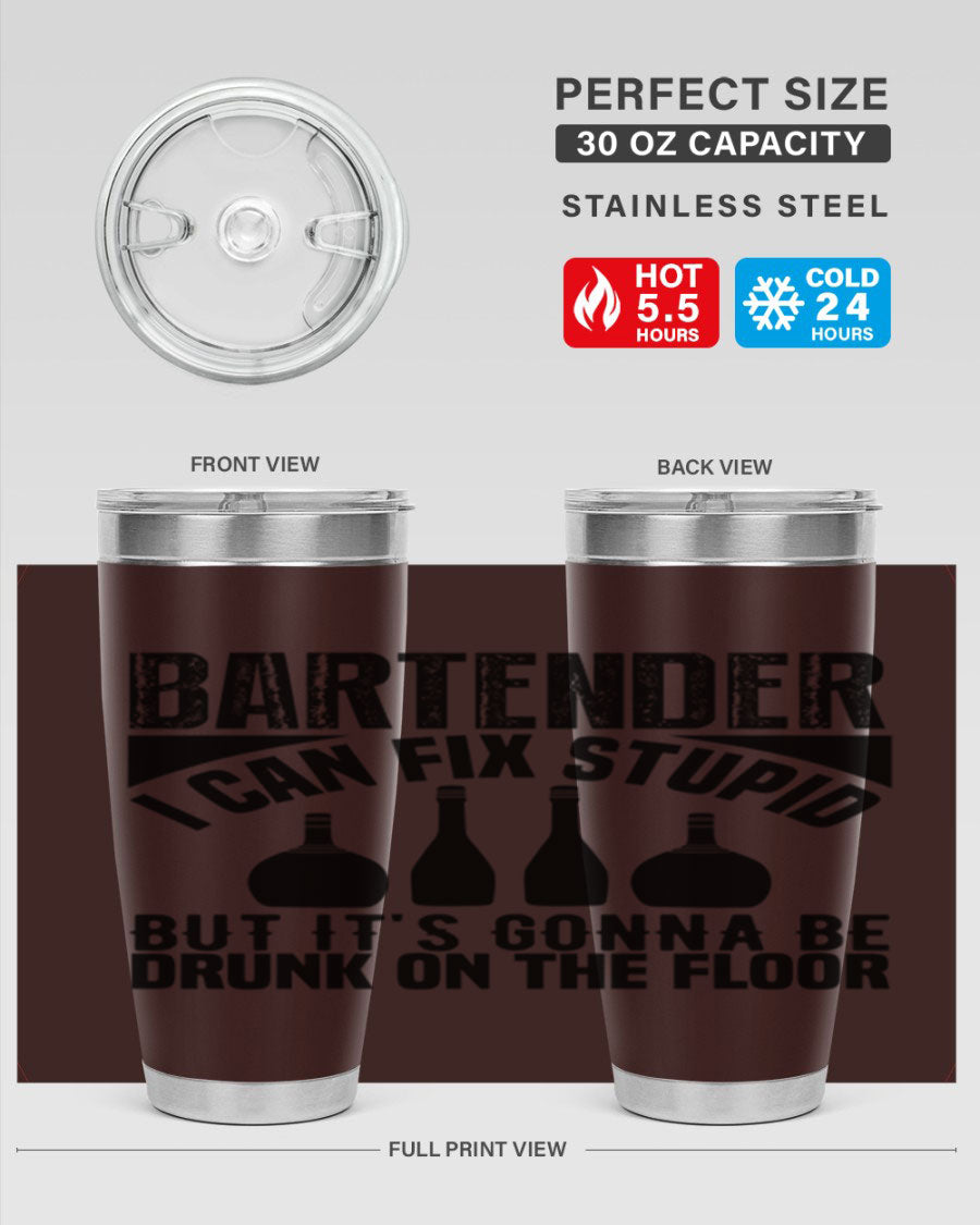 Bartender I Can Fix Style 9# tumbler, a 20oz double wall vacuum stainless steel drink container with a copper lining and a drink-thru lid.