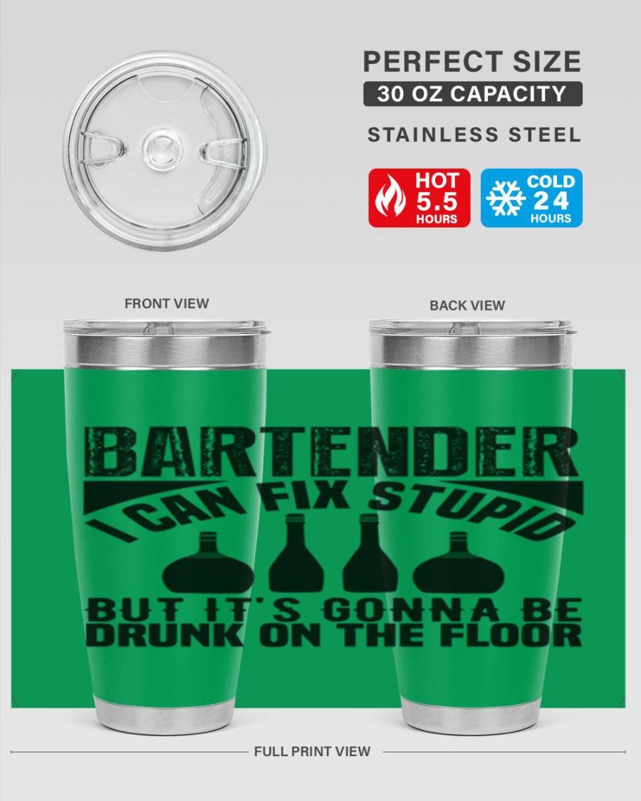Bartender I Can Fix Style 9# tumbler, a 20oz double wall vacuum stainless steel drink container with a copper lining and a drink-thru lid.