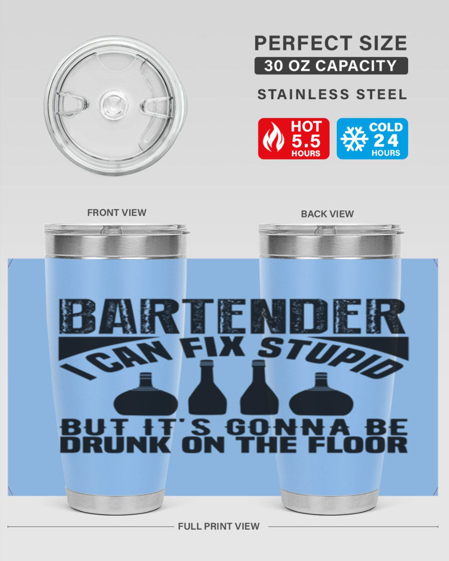 Bartender I Can Fix Style 9# tumbler, a 20oz double wall vacuum stainless steel drink container with a copper lining and a drink-thru lid.