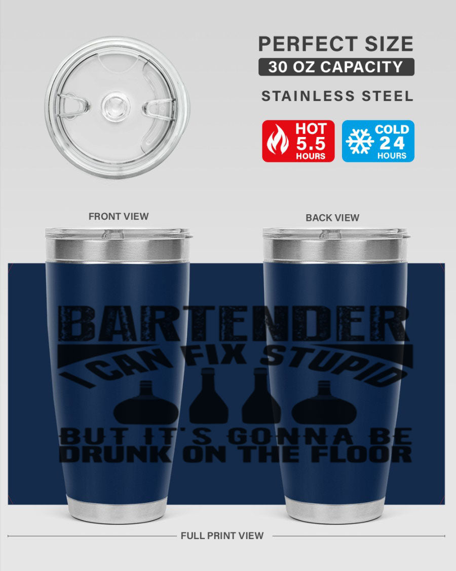 Bartender I Can Fix Style 9# tumbler, a 20oz double wall vacuum stainless steel drink container with a copper lining and a drink-thru lid.