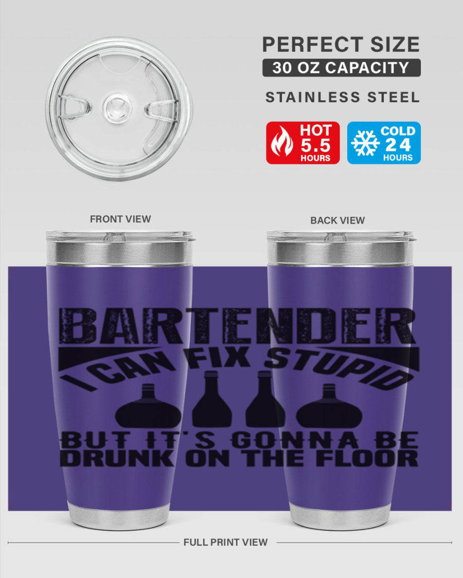 Bartender I Can Fix Style 9# tumbler, a 20oz double wall vacuum stainless steel drink container with a copper lining and a drink-thru lid.