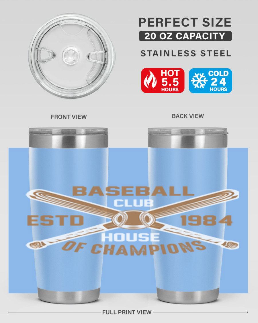 Baseball 1443# Tumbler in stainless steel with a baseball-themed design, showcasing its double wall vacuum insulation and drink-thru lid.
