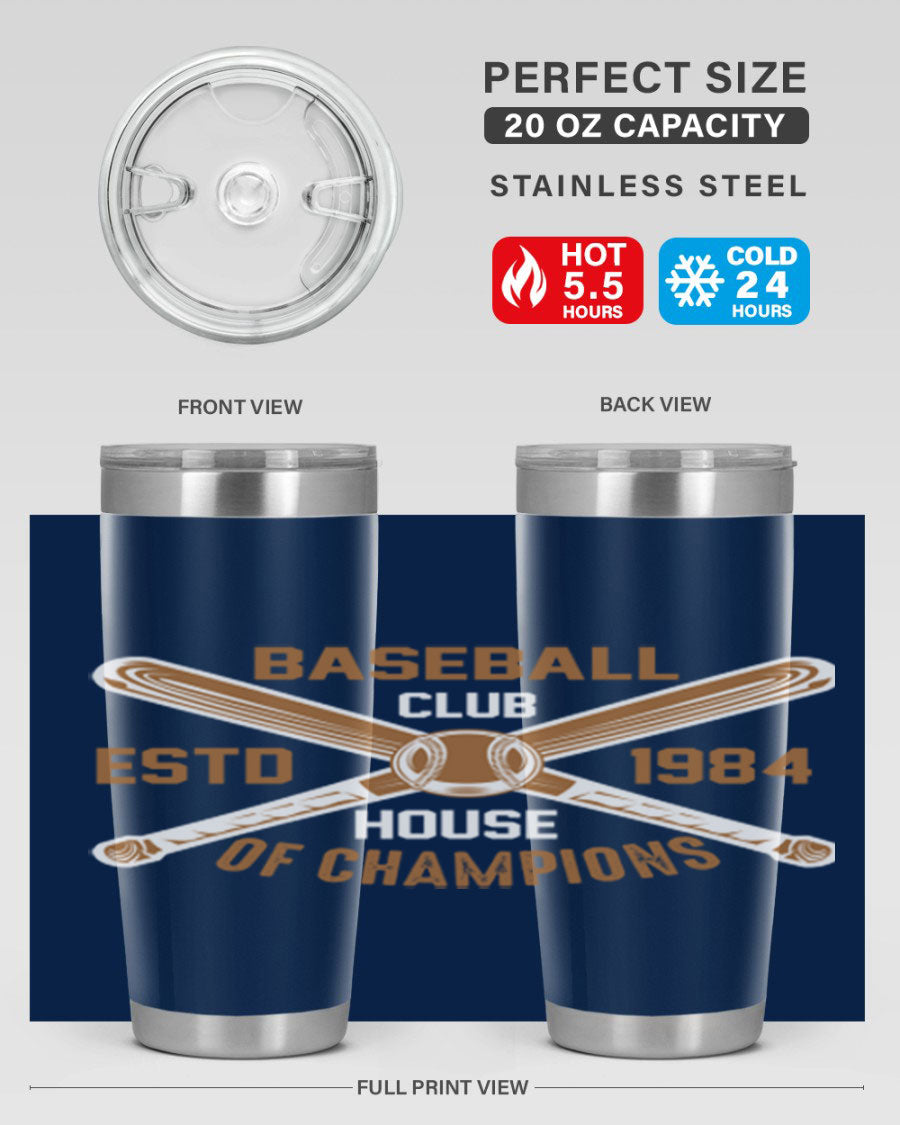 Baseball 1443# Tumbler in stainless steel with a baseball-themed design, showcasing its double wall vacuum insulation and drink-thru lid.