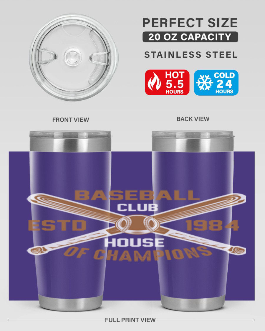Baseball 1443# Tumbler in stainless steel with a baseball-themed design, showcasing its double wall vacuum insulation and drink-thru lid.