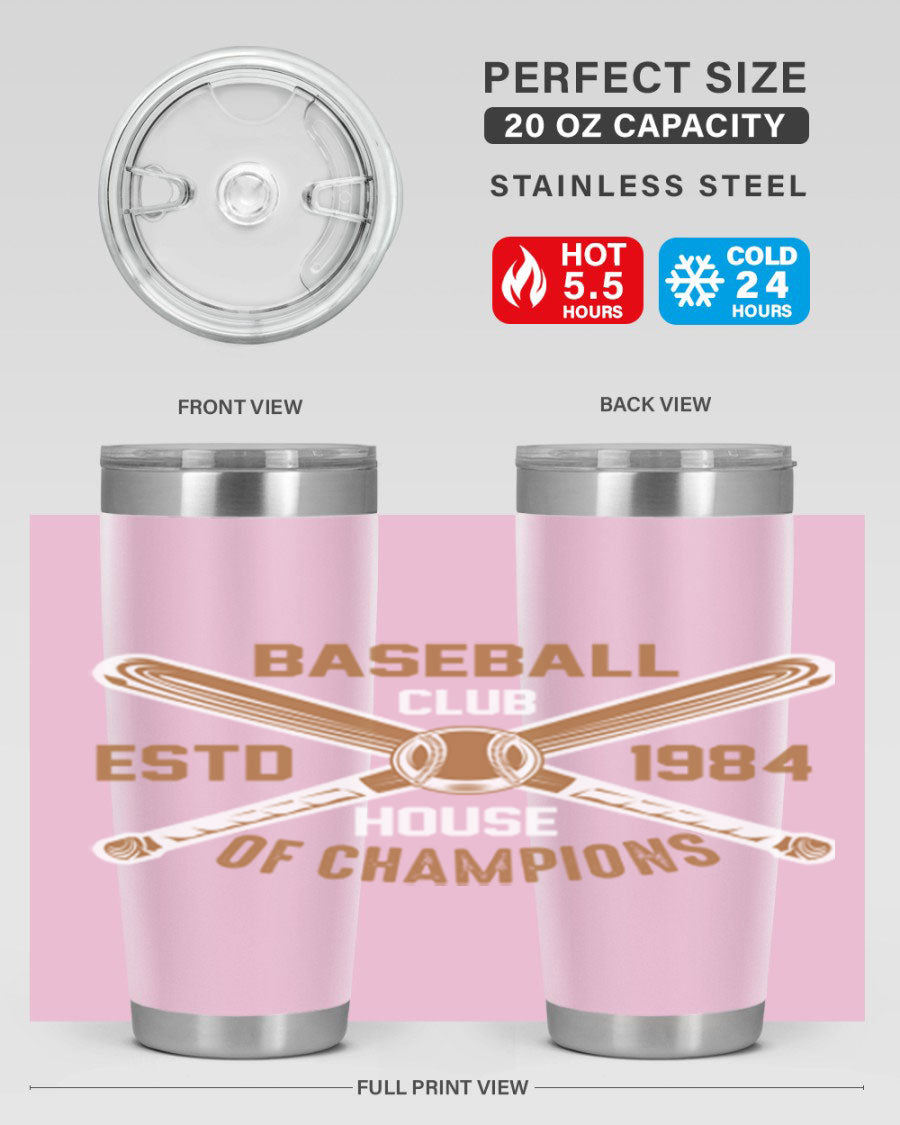 Baseball 1443# Tumbler in stainless steel with a baseball-themed design, showcasing its double wall vacuum insulation and drink-thru lid.