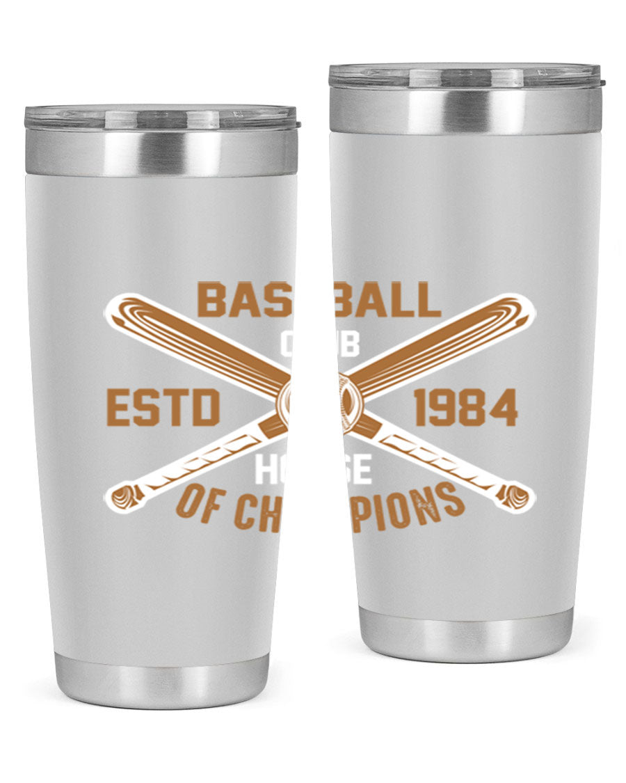 Baseball 1443# Tumbler in stainless steel with a baseball-themed design, showcasing its double wall vacuum insulation and drink-thru lid.