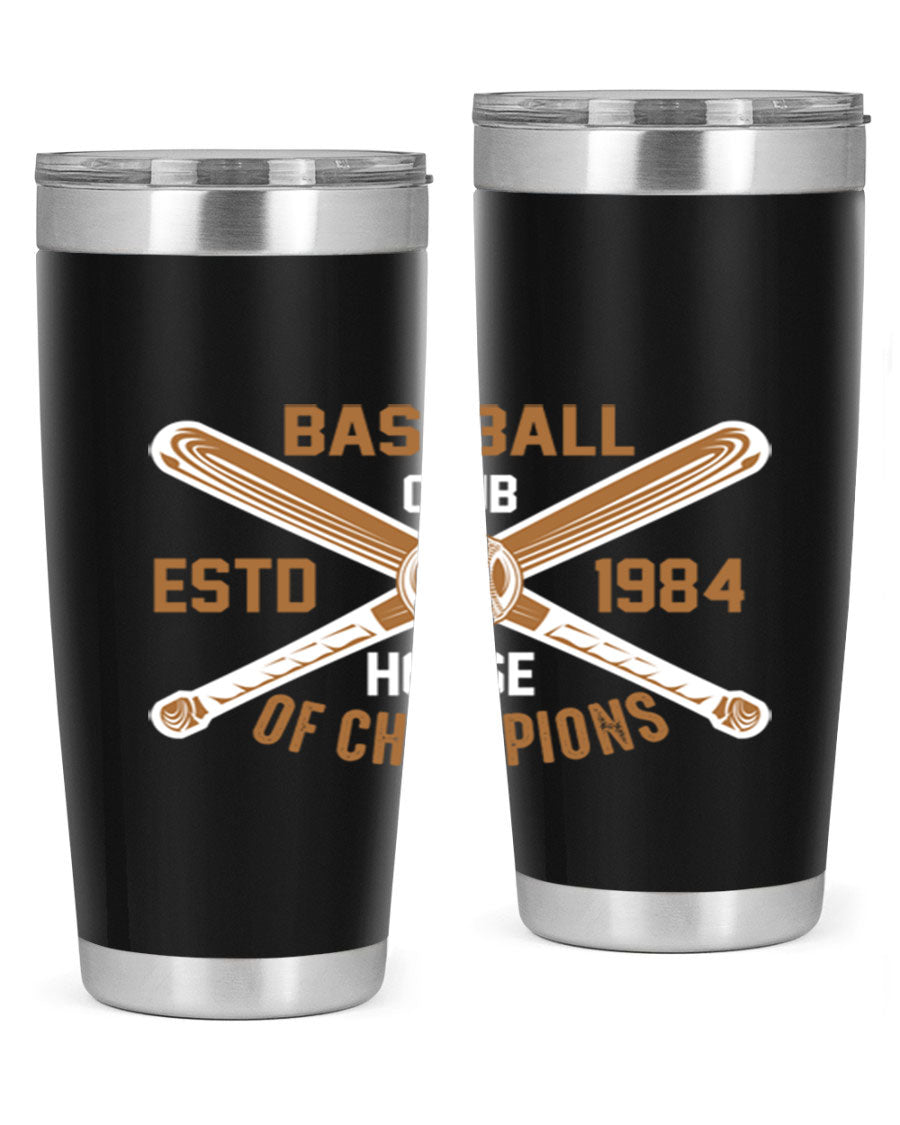 Baseball 1443# Tumbler in stainless steel with a baseball-themed design, showcasing its double wall vacuum insulation and drink-thru lid.