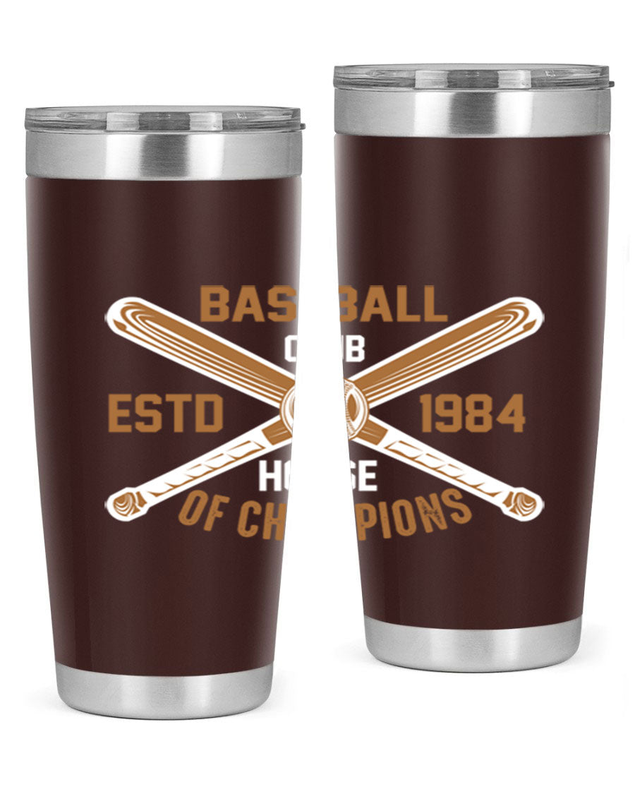 Baseball 1443# Tumbler in stainless steel with a baseball-themed design, showcasing its double wall vacuum insulation and drink-thru lid.