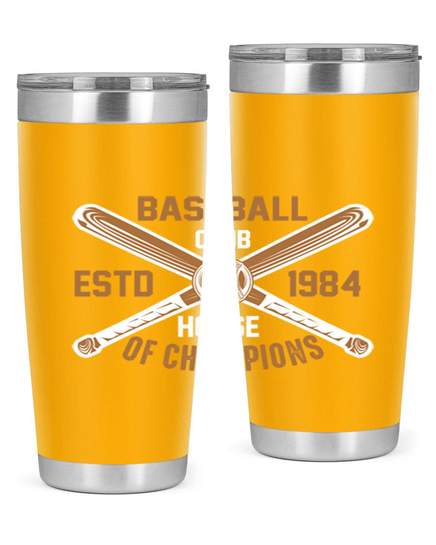 Baseball 1443# Tumbler in stainless steel with a baseball-themed design, showcasing its double wall vacuum insulation and drink-thru lid.