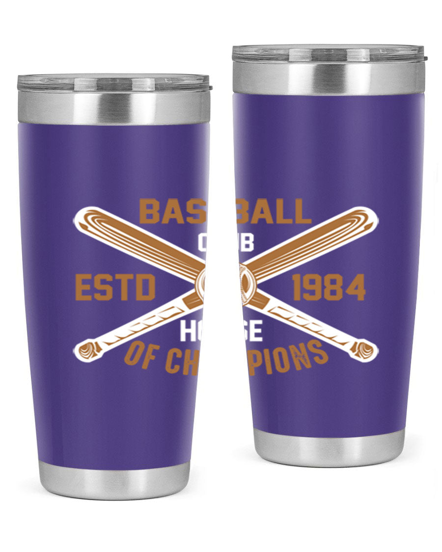 Baseball 1443# Tumbler in stainless steel with a baseball-themed design, showcasing its double wall vacuum insulation and drink-thru lid.