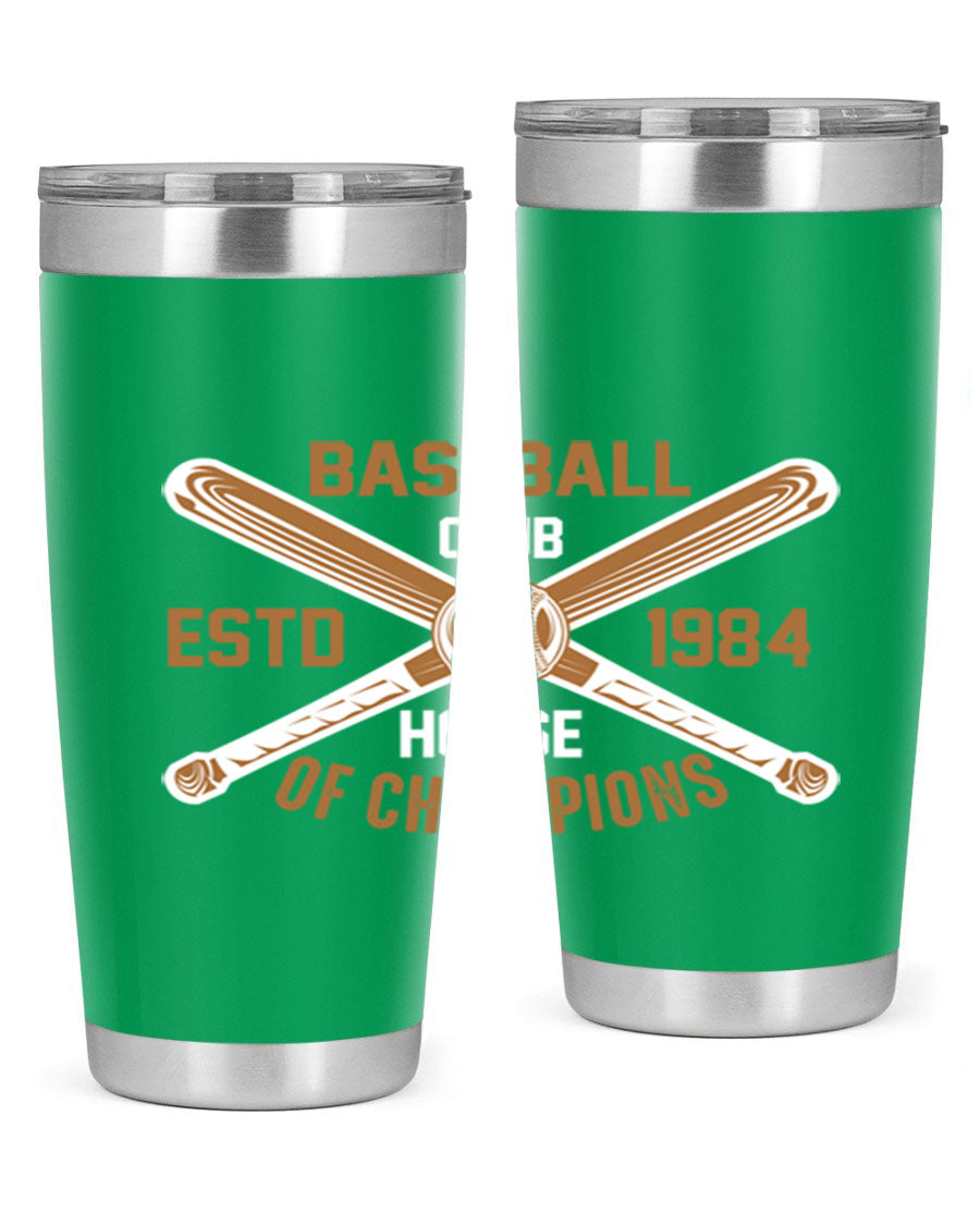 Baseball 1443# Tumbler in stainless steel with a baseball-themed design, showcasing its double wall vacuum insulation and drink-thru lid.