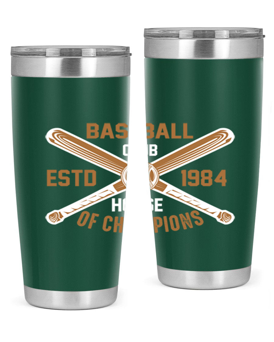 Baseball 1443# Tumbler in stainless steel with a baseball-themed design, showcasing its double wall vacuum insulation and drink-thru lid.