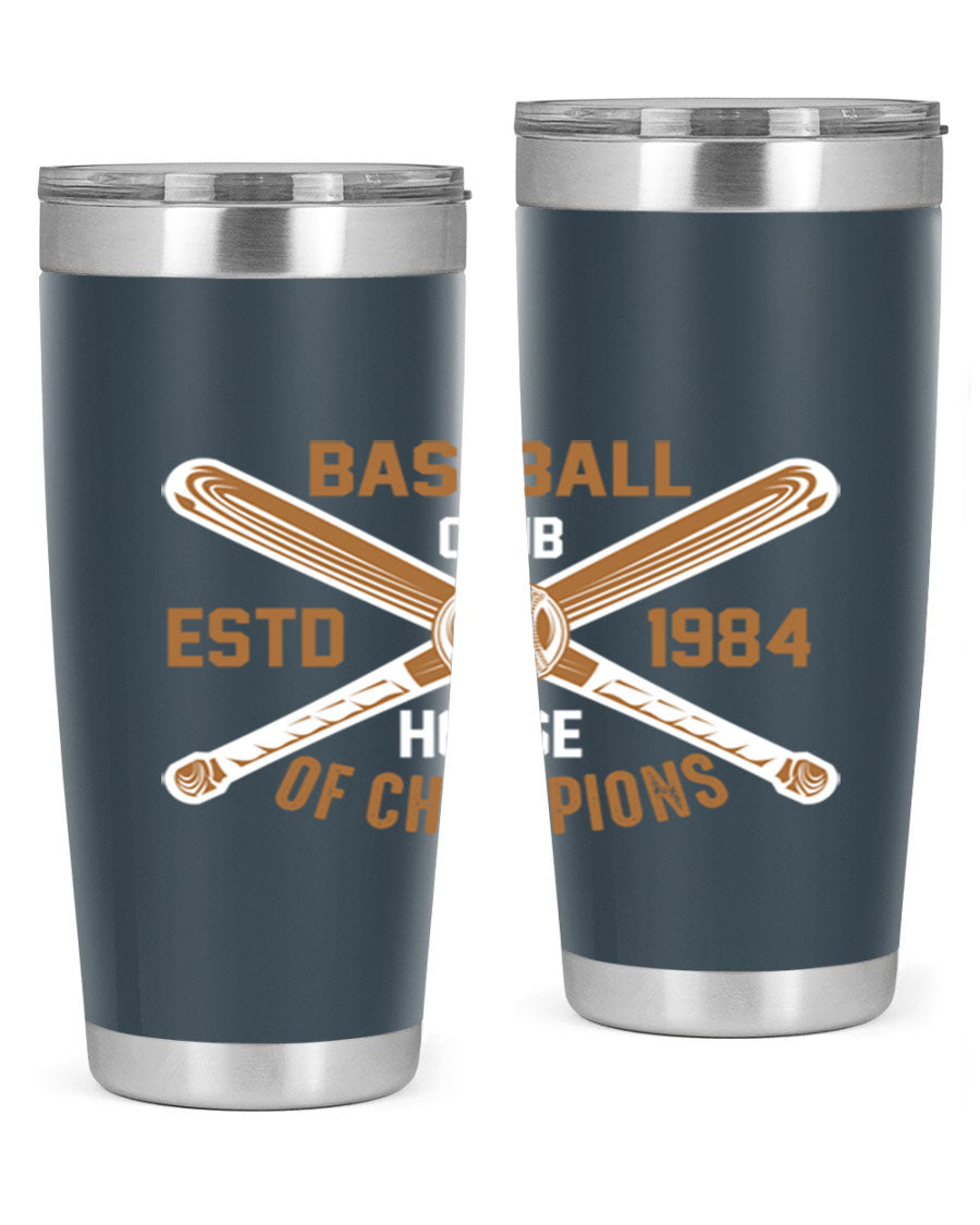 Baseball 1443# Tumbler in stainless steel with a baseball-themed design, showcasing its double wall vacuum insulation and drink-thru lid.