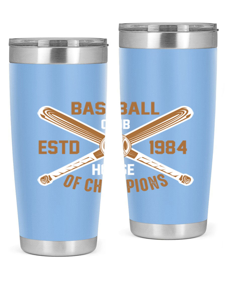 Baseball 1443# Tumbler in stainless steel with a baseball-themed design, showcasing its double wall vacuum insulation and drink-thru lid.