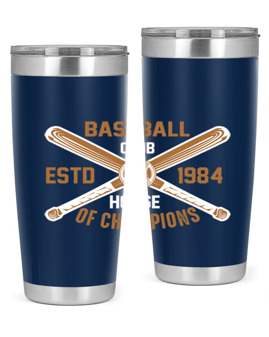Baseball 1443# Tumbler in stainless steel with a baseball-themed design, showcasing its double wall vacuum insulation and drink-thru lid.