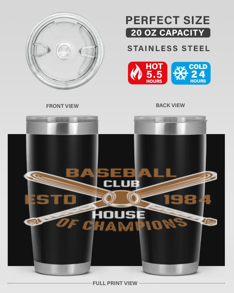 Baseball 1443# Tumbler in stainless steel with a baseball-themed design, showcasing its double wall vacuum insulation and drink-thru lid.