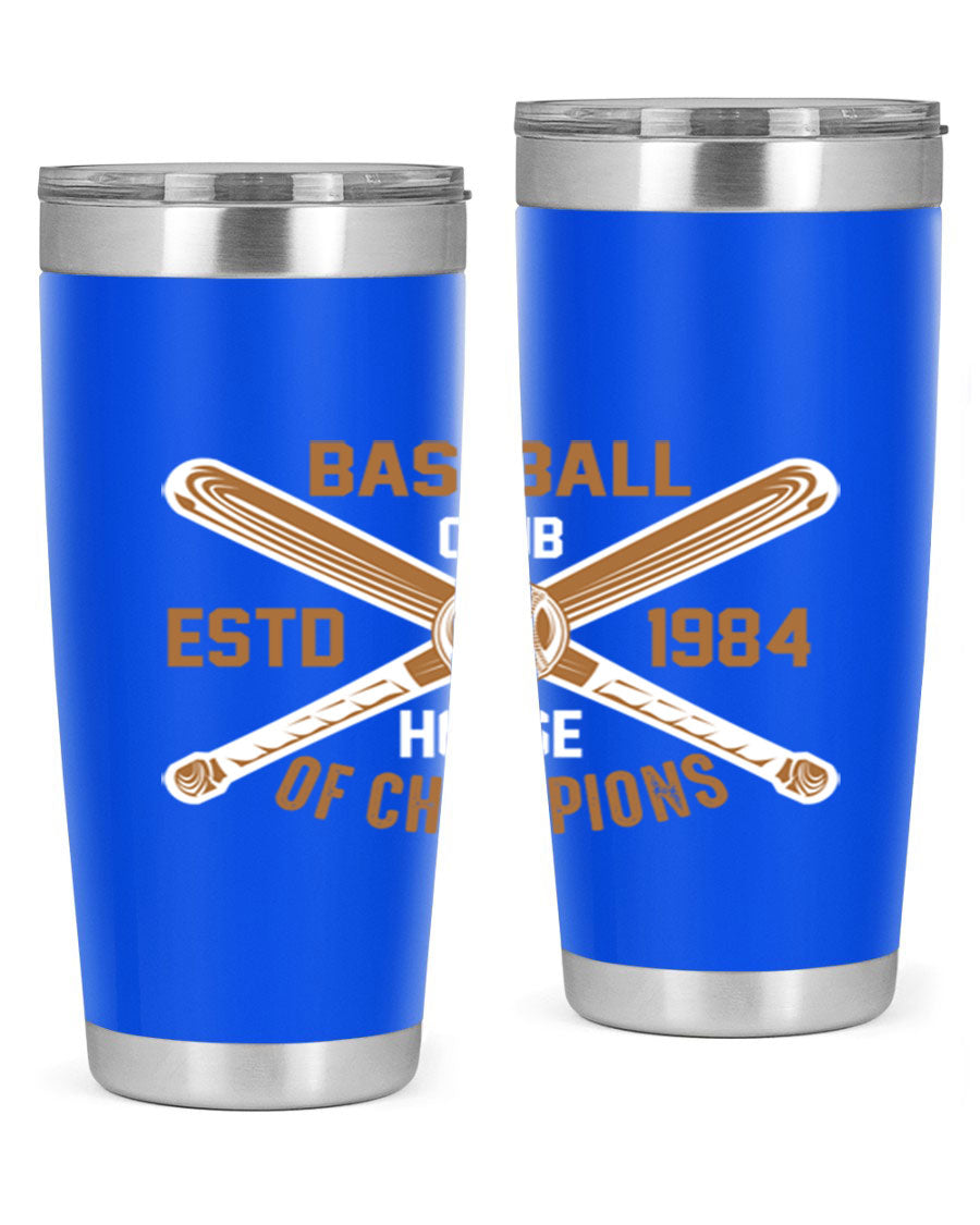 Baseball 1443# Tumbler in stainless steel with a baseball-themed design, showcasing its double wall vacuum insulation and drink-thru lid.