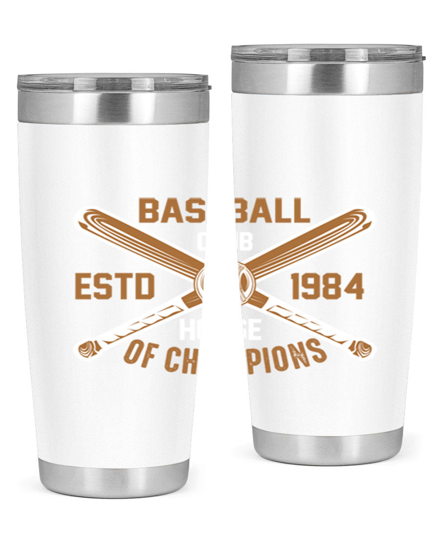 Baseball 1443# Tumbler in stainless steel with a baseball-themed design, showcasing its double wall vacuum insulation and drink-thru lid.