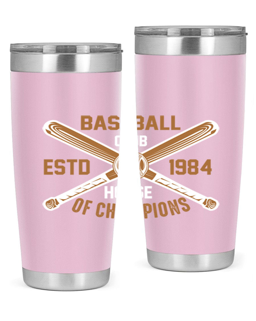 Baseball 1443# Tumbler in stainless steel with a baseball-themed design, showcasing its double wall vacuum insulation and drink-thru lid.