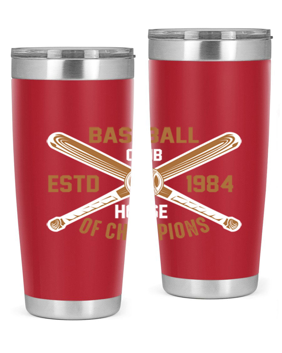 Baseball 1443# Tumbler in stainless steel with a baseball-themed design, showcasing its double wall vacuum insulation and drink-thru lid.