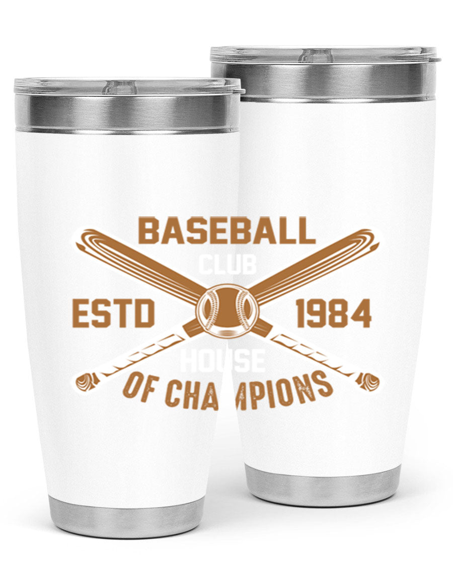 Baseball 1443# Tumbler in stainless steel with a baseball-themed design, showcasing its double wall vacuum insulation and drink-thru lid.