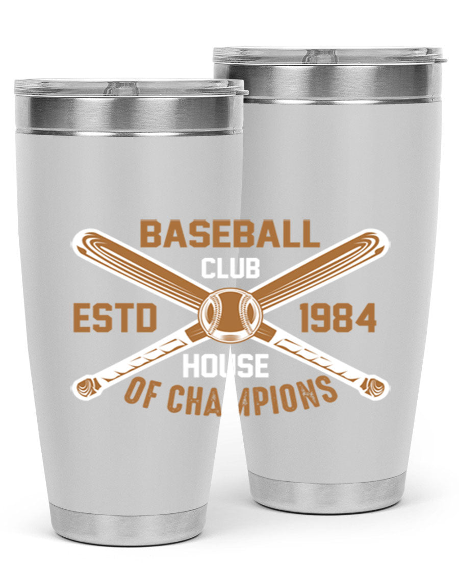 Baseball 1443# Tumbler in stainless steel with a baseball-themed design, showcasing its double wall vacuum insulation and drink-thru lid.
